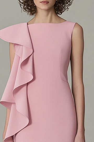 Ruffled Asymmetrical Pink Round Neck Midi Dress